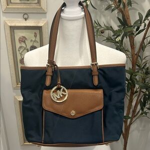 Michael Kors Navy and Brown Leather-Trim Nylon Tote